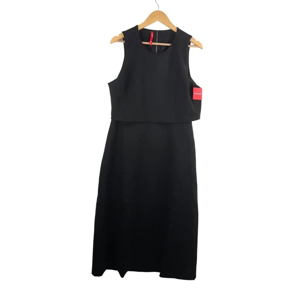 Spanx ponte overlay fitted midi dress minimalist stretch preppy‎ black XL